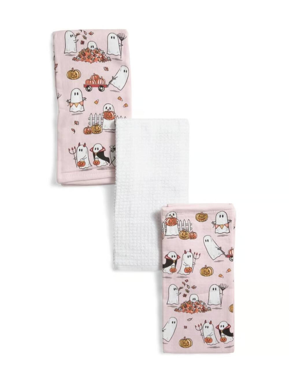 ISAAC MIZRAHI PINK HALLOWEEN GHOST PALS ALLOVER KITCHEN TOWELS SET OF 3 BLUSH NE